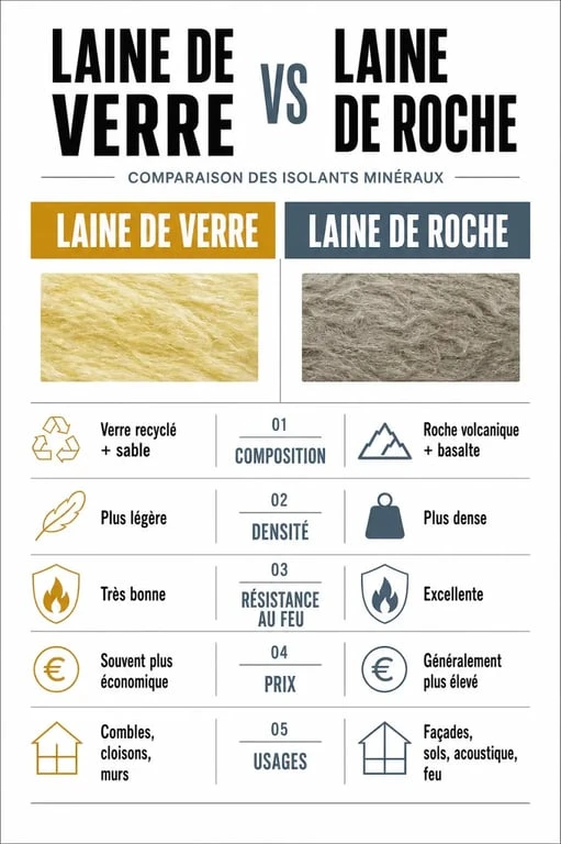 Différence entre laine de verre et laine de roche : comparaison des performances, du prix et des usages