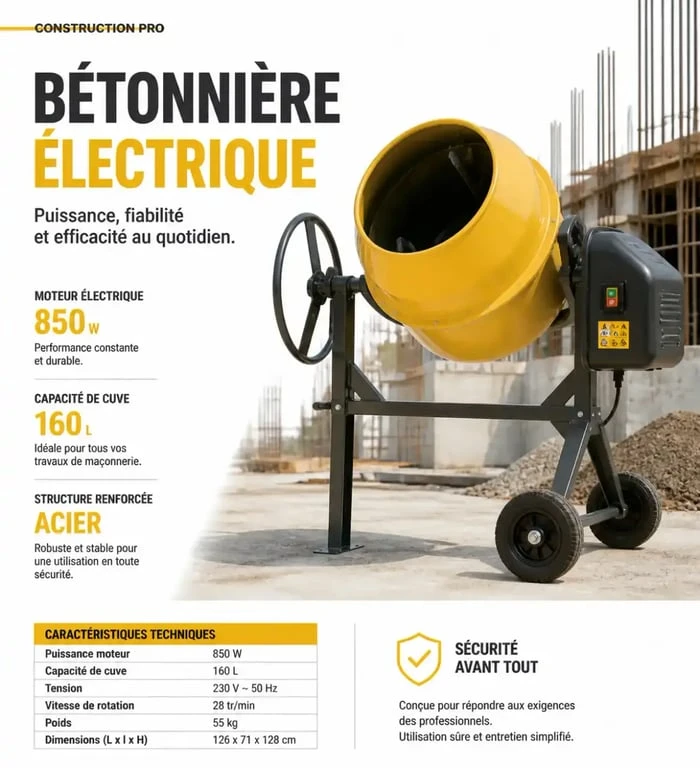 Bétonnière électrique sur un chantier de construction pour travaux de maçonnerie
