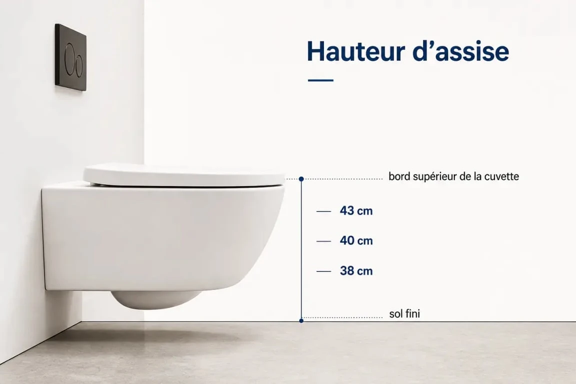 Hauteur toilette suspendu : illustration éditoriale montrant la mesure depuis le sol fini jusqu’à la cuvette