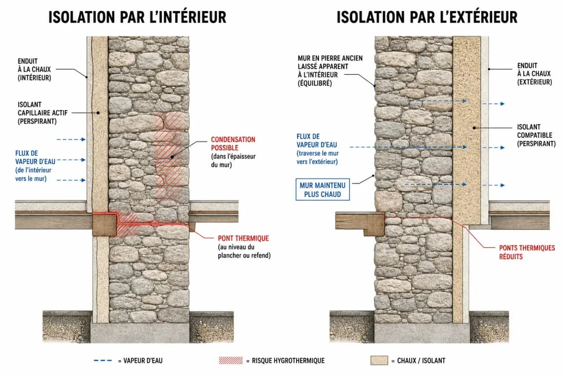 Isoler un mur en pierre : comparaison entre ITI et ITE sur une coupe de mur ancien