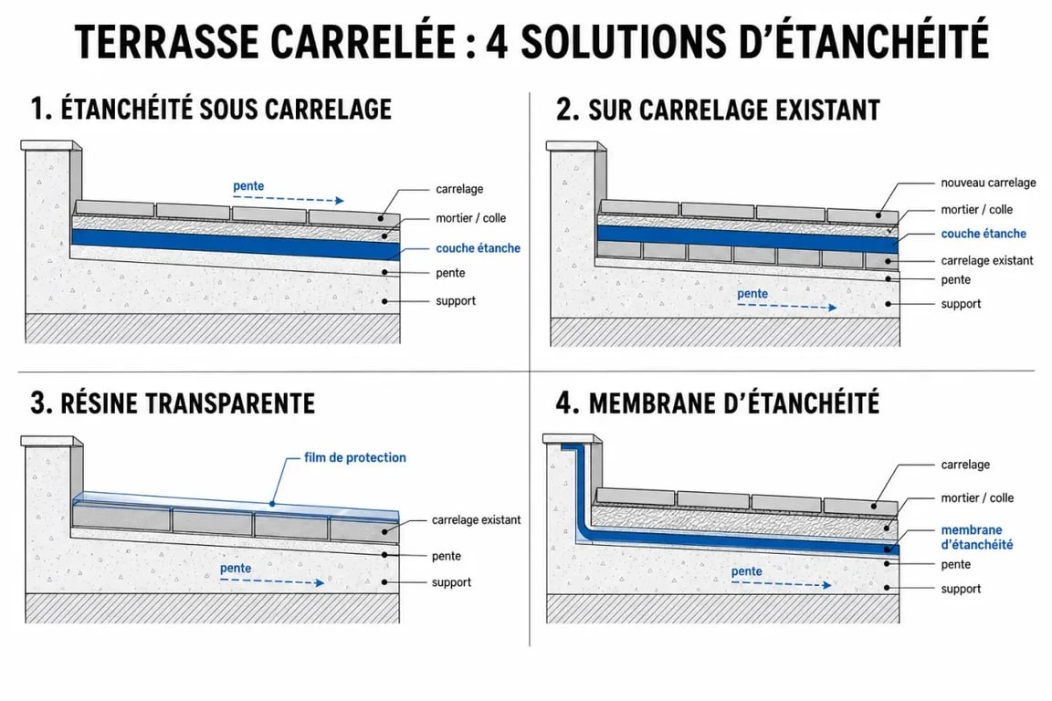 Étanchéité sur carrelage terrasse : comparaison des solutions sous carrelage, sur carrelage, résine et membrane