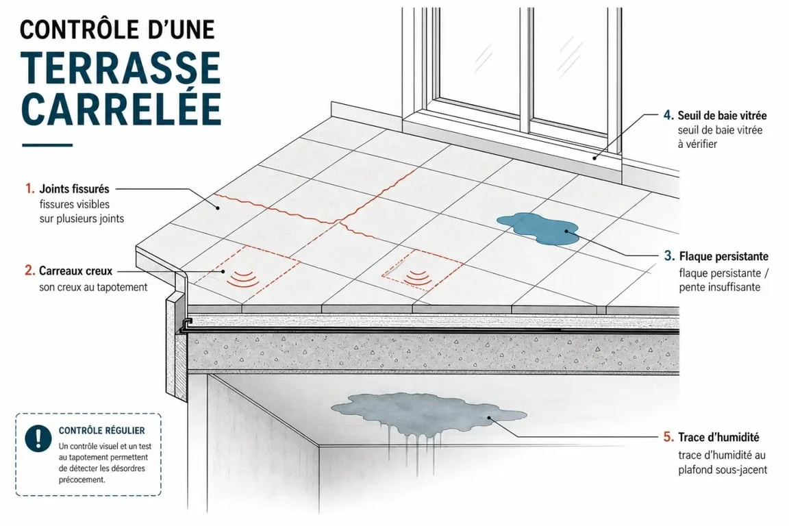 Étanchéité sur carrelage terrasse : diagnostic des joints, carreaux décollés et traces d’infiltration