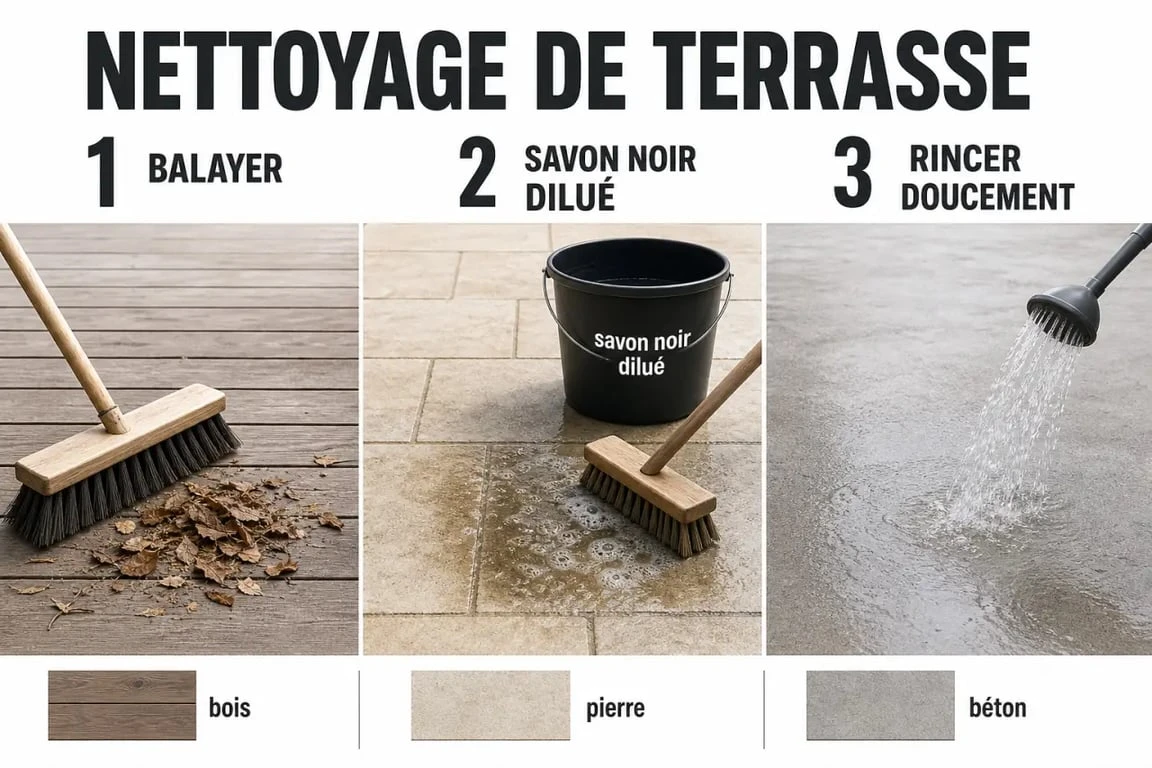 Terrasse nettoyage : étapes de balayage, brossage au savon noir et rinçage sur différents matériaux