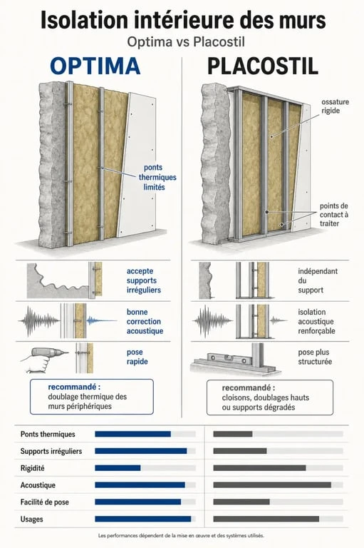 Comparatif optima placostil pour l’isolation intérieure des murs, critères thermiques, acoustiques et de pose