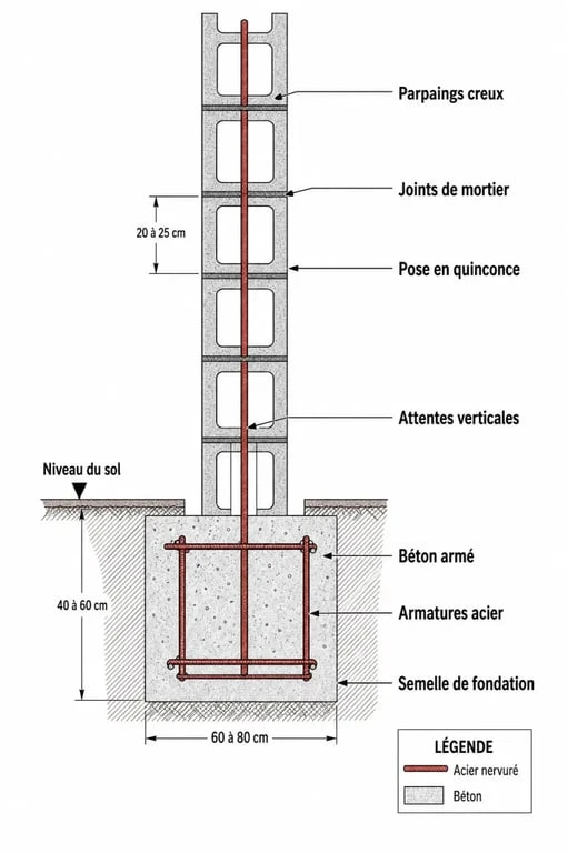 Schéma technique de montage d'un mur en parpaing avec fondations