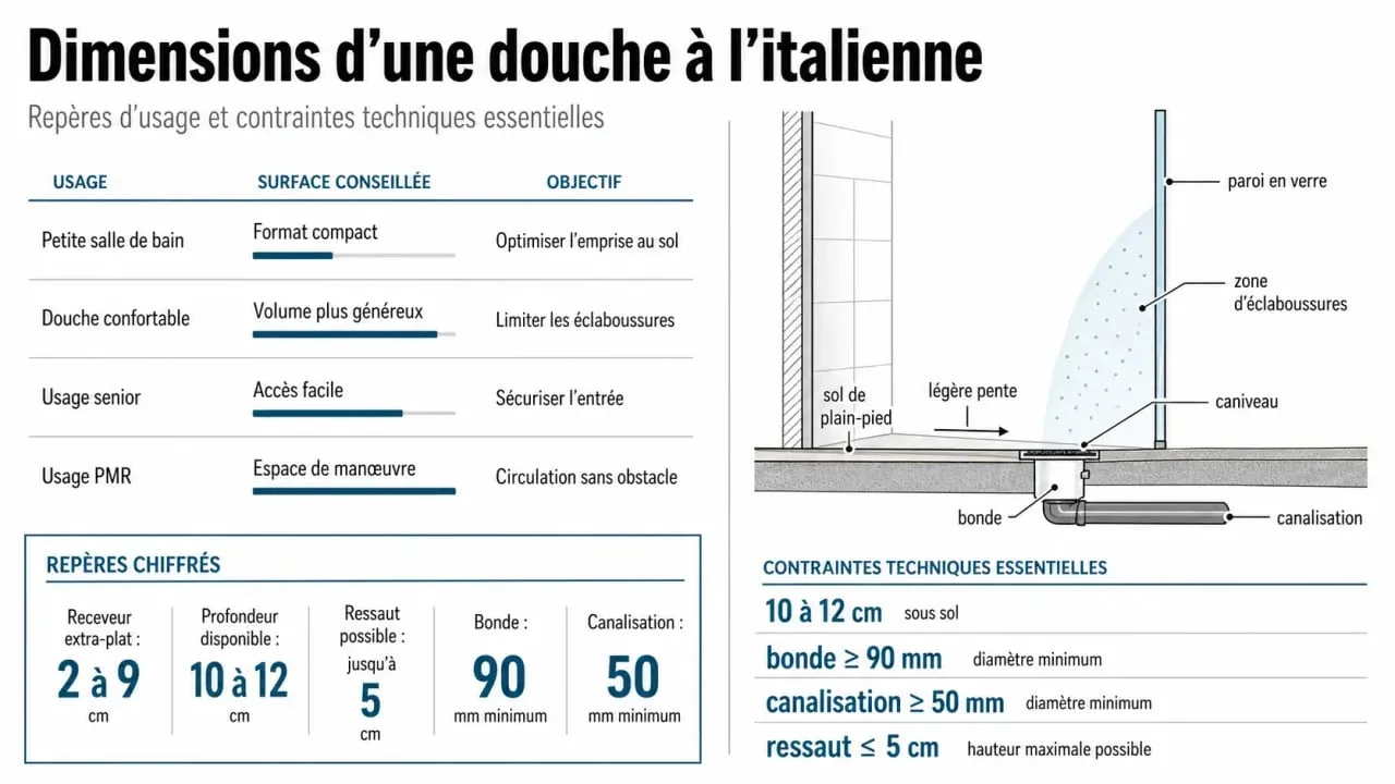 Dimension douche italienne : infographie comparative des tailles et contraintes techniques