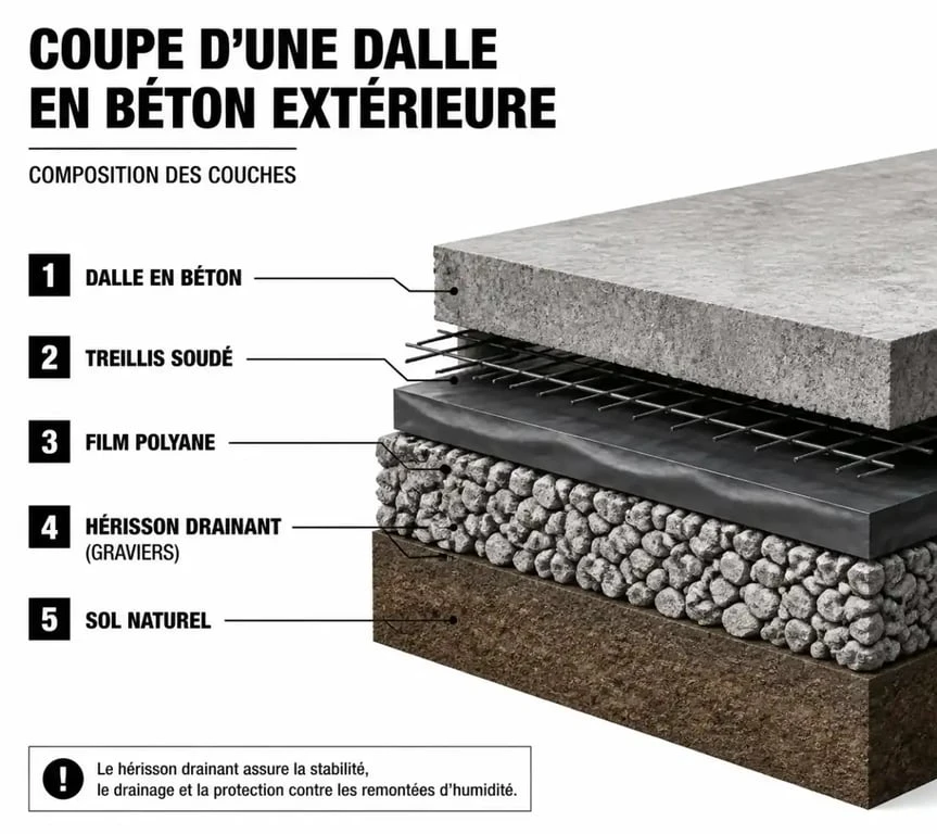 Schéma en coupe d'une dalle en béton pour extérieur avec ses différentes couches