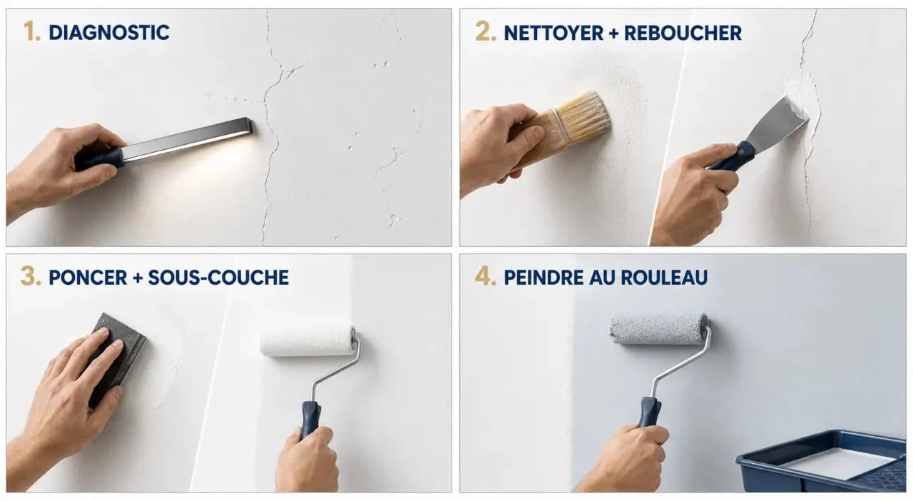 Peindre du platre : illustration des étapes de préparation du mur, sous-couche et finition