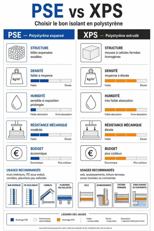 Polystyrène expansé ou extrudé : comparaison visuelle entre PSE et XPS sur l’humidité, la résistance mécanique, le budget et les usages
