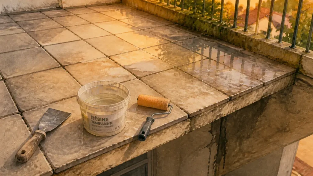 Étanchéité sur carrelage terrasse : flaque, joints abîmés et réparation au rouleau