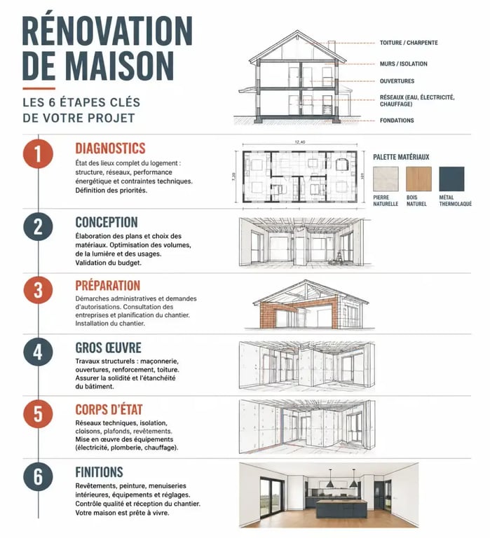 Infographie de l'ordre d'intervention des métiers du bâtiment pour une rénovation