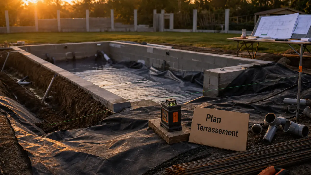 Fabrication d une piscine : chantier terrassement, niveau laser, bassin en construction