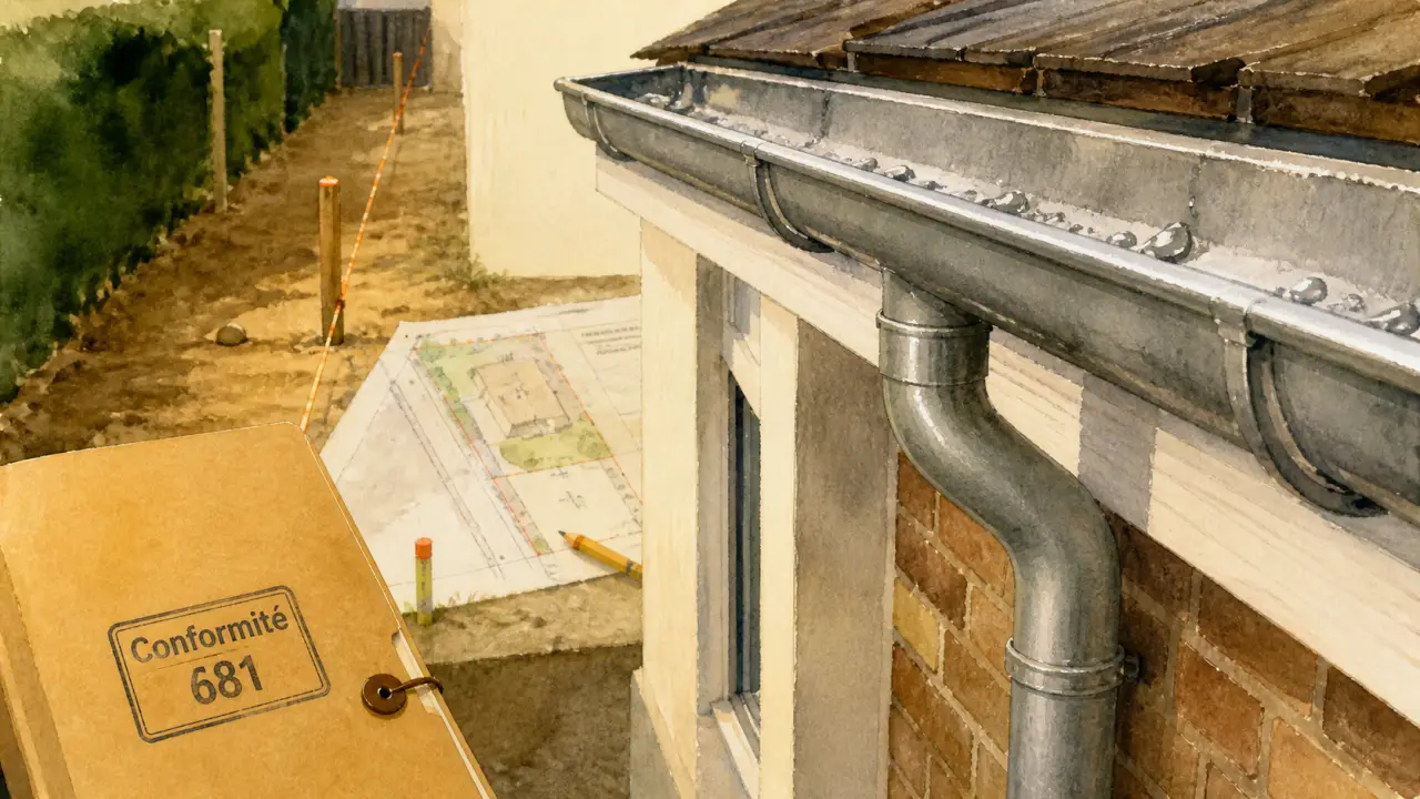 Gouttiere sur mur en limite de propriété : zinc et descente bien fixés