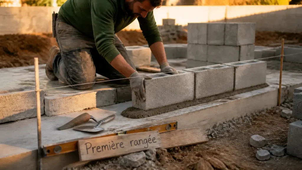 Monter un mur en parpaing : première rangée sur semelle en béton