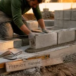 Monter un mur en parpaing : première rangée sur semelle en béton