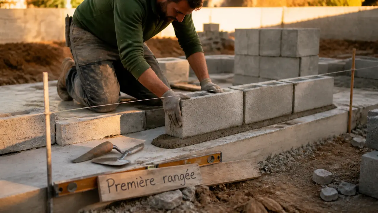 Monter un mur en parpaing : première rangée sur semelle en béton