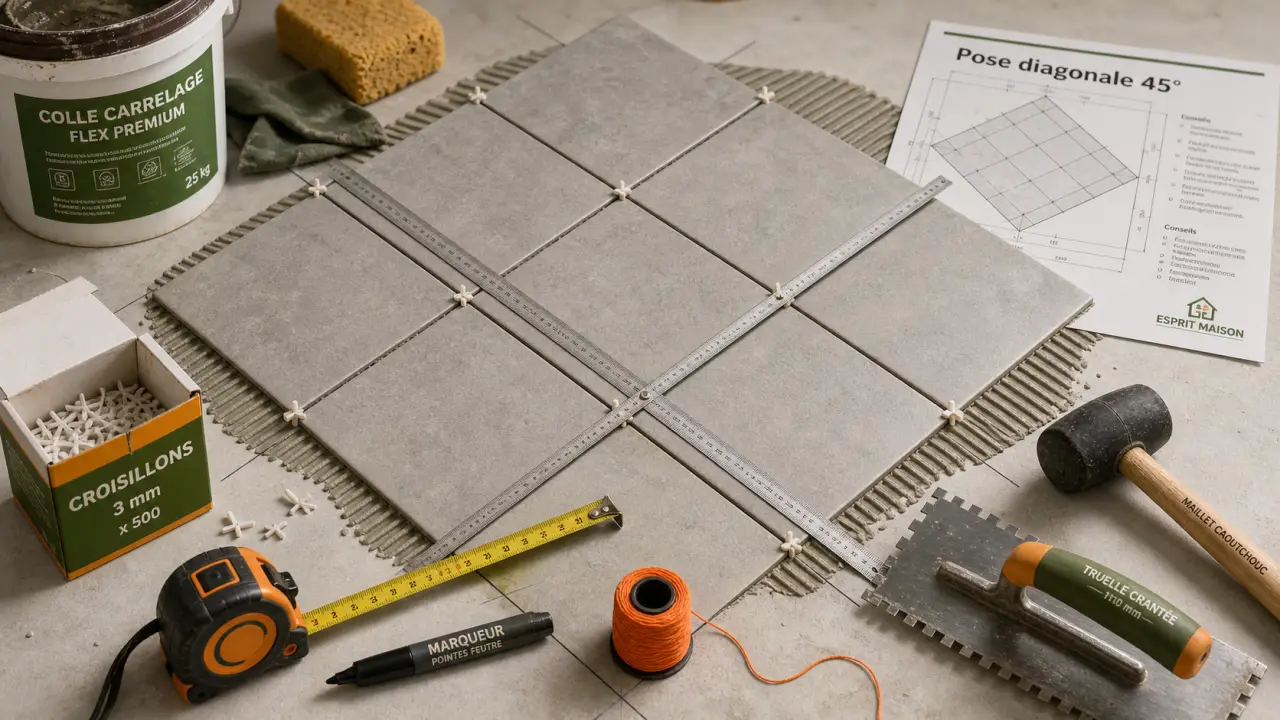 Pose carrelage diagonale 45° : coupes propres et calepinage