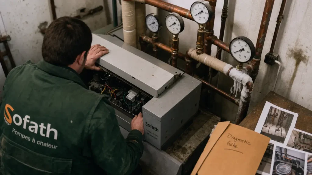réparation geothermie sofath : technicien diagnostic fuite R22 ou compresseur en chaufferie