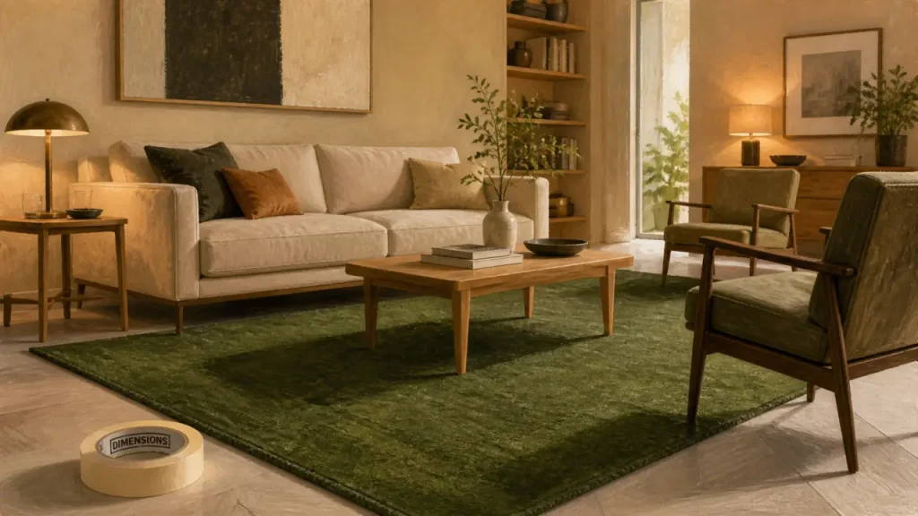 Tapis dans salon : placement près du canapé et table basse