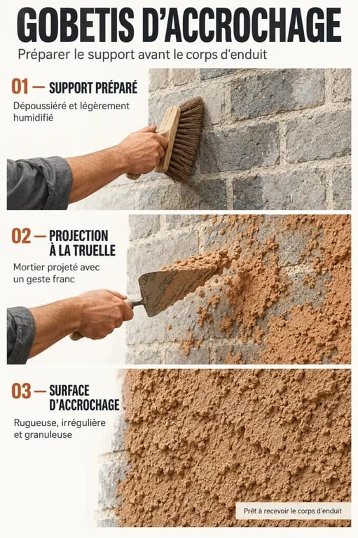 Réalisation d’un gobetis d’accrochage projeté sur un mur préparé
