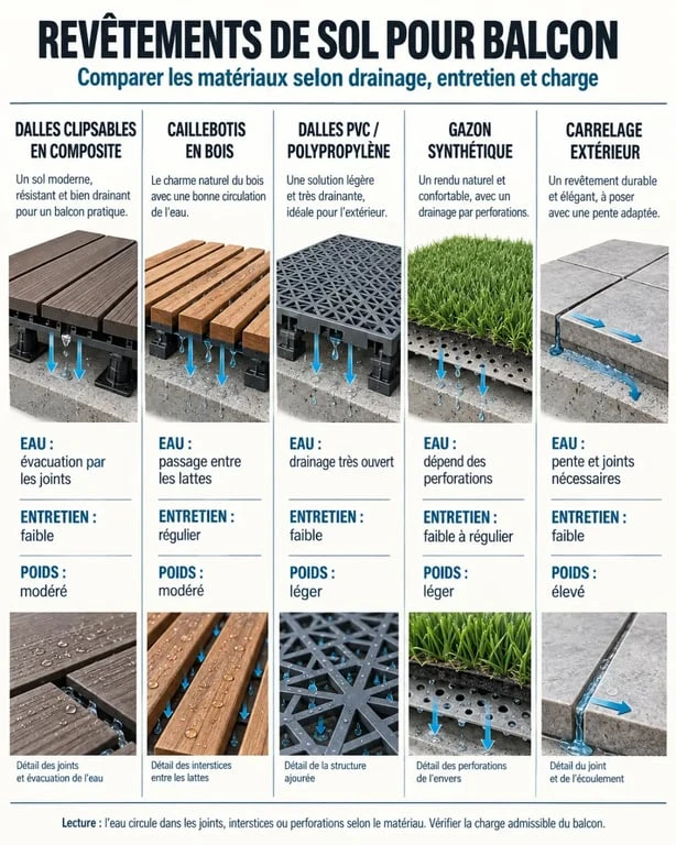 Infographie comparative des revêtements de sol pour balcon et de leurs points de vigilance