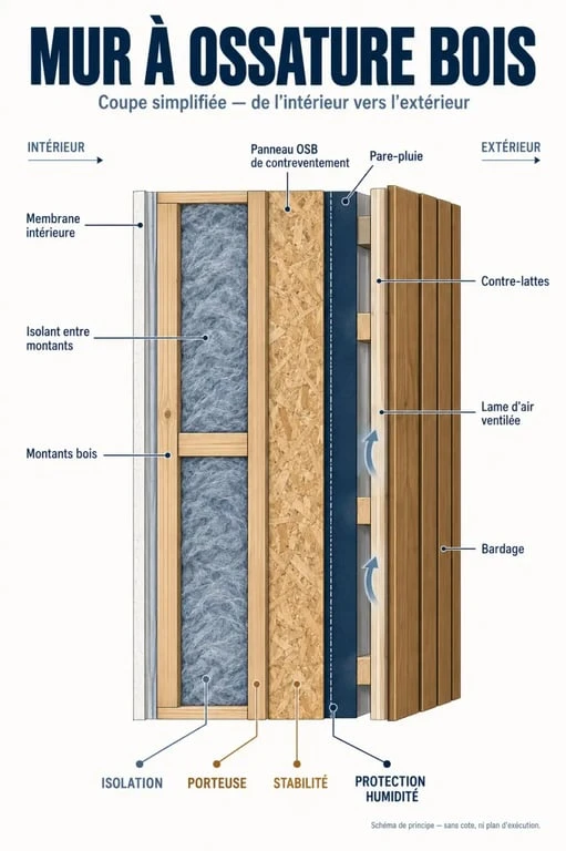 Infographie de la composition d’un mur ossature bois avec isolant, OSB, pare-pluie et bardage