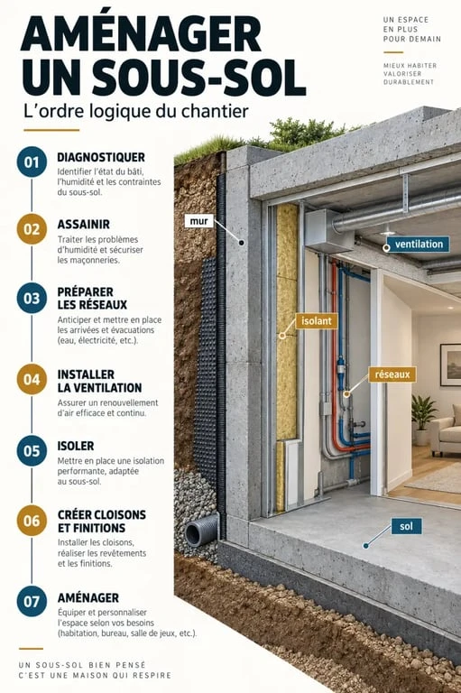 Infographie sur les étapes de l'aménagement sous-sol, du diagnostic aux finitions