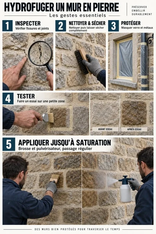 Étapes illustrées pour hydrofuger un mur extérieur en pierre