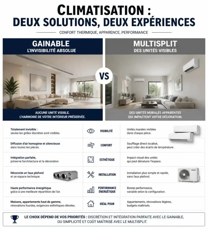 Comparatif visuel climatisation par gainage vs multisplit