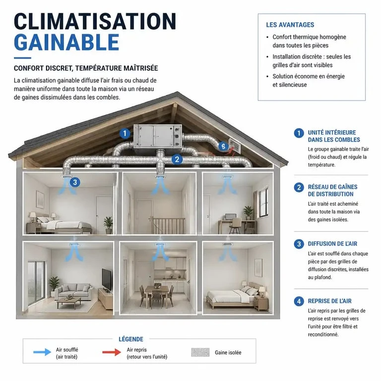 Schéma de fonctionnement d'une climatisation par gainage dans une maison