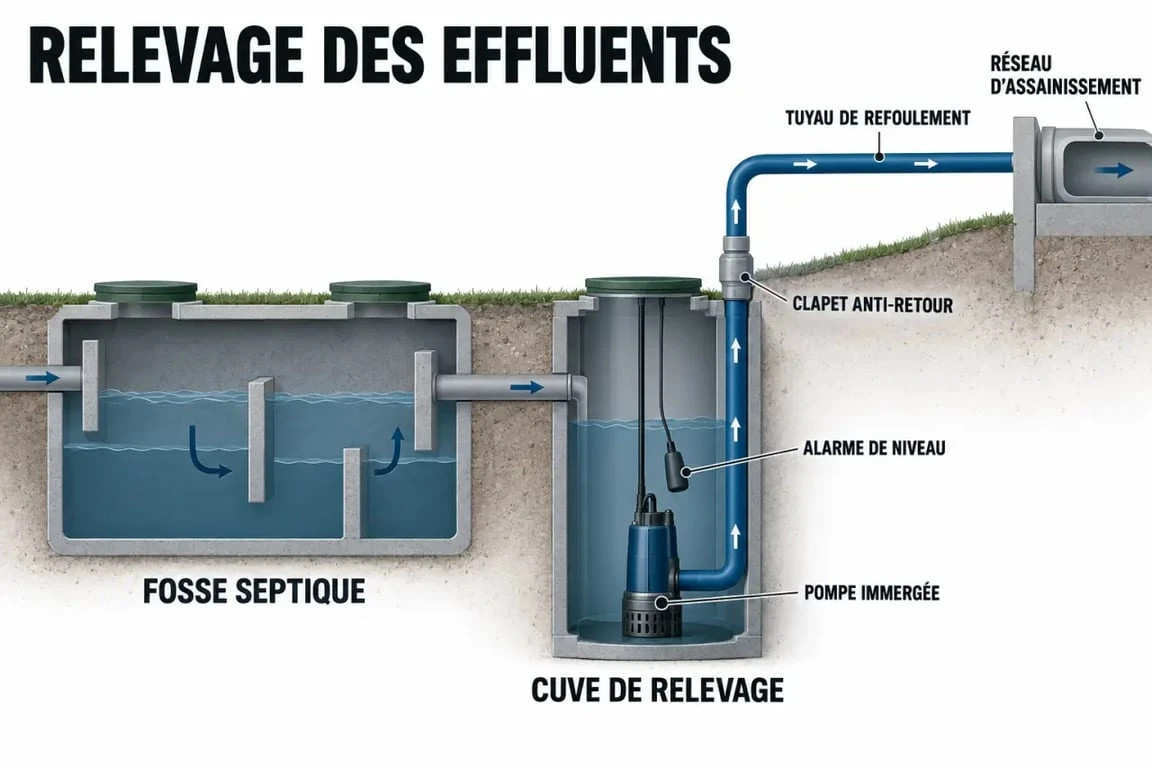 Schéma de fonctionnement d’une pompe pour fosse septique avec cuve de relevage et clapet anti-retour