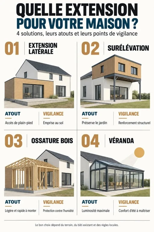 Infographie comparative des solutions d’extension de maison : extension latérale, surélévation, ossature bois et véranda