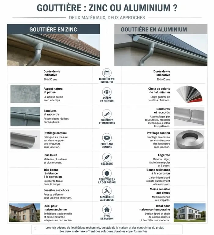 Gouttière en zinc ou en alu : infographie comparative des matériaux, de la pose et de l’esthétique