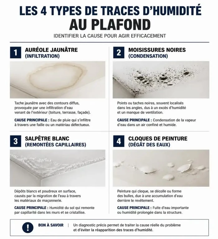 Infographie explicative des différents types de traces d'humidité au plafond : auréoles, moisissures, salpêtre et cloques.
