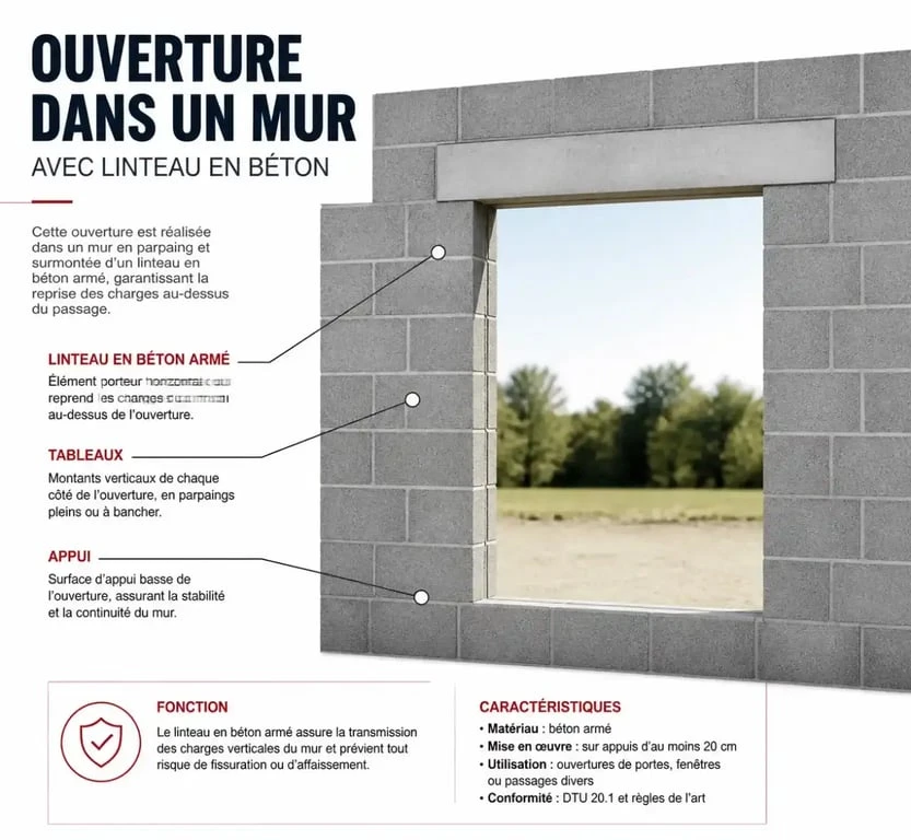 Ouverture finie dans un mur en parpaing