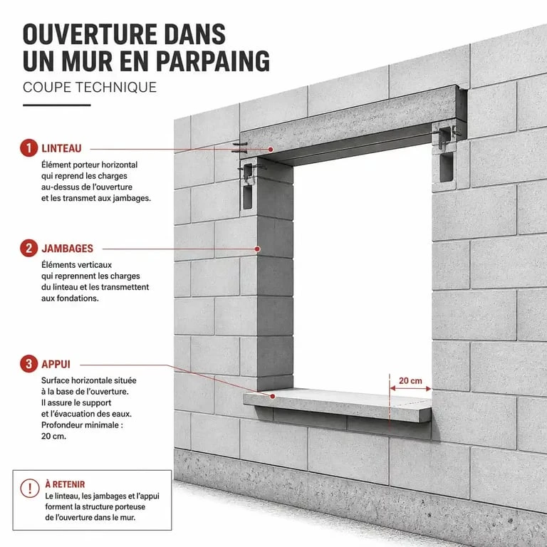 Schéma technique d'une ouverture dans un mur en parpaing avec linteau