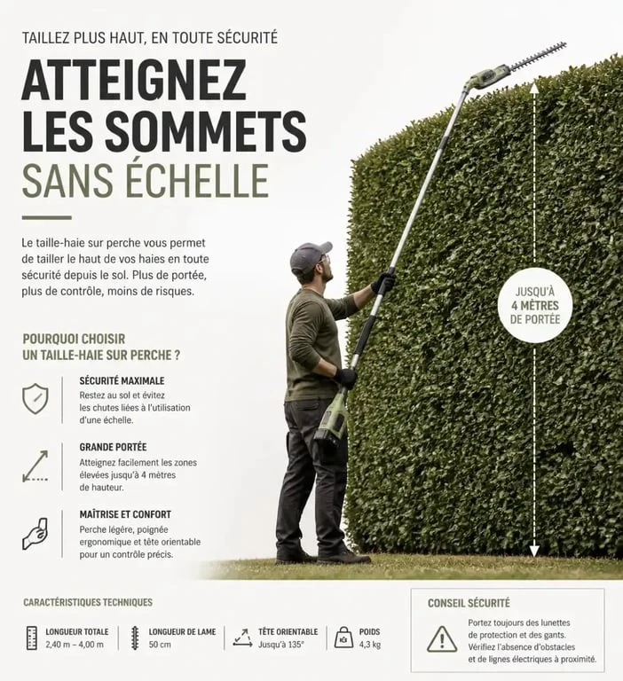 Utilisation d'un taille-haie sur perche pour une haie haute