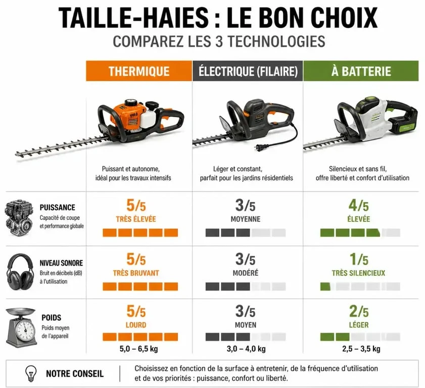 Comparatif des motorisations de taille-haie : thermique, électrique et batterie