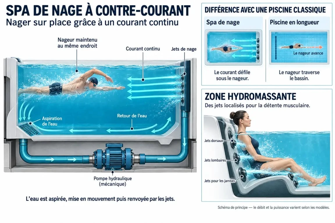 Schéma du fonctionnement d’un spa de nage à contre-courant et de ses principaux inconvénients