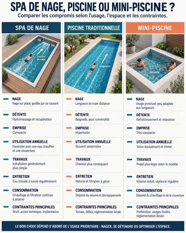 Infographie sur les inconvénients d’un spa de nage comparé à une piscine et une mini-piscine