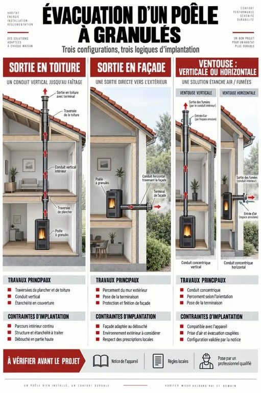 Comparaison visuelle des solutions pour un poêle à granulés sans évacuation existante : toiture, façade et ventouse