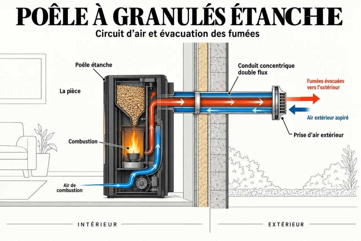 Schéma du fonctionnement d’un poêle à granulés sans évacuation impossible sans conduit, avec prise d’air extérieur et évacuation des fumées