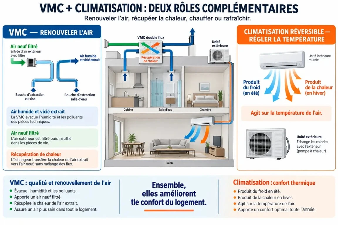 Infographie comparative VMC climatisation et circulation de l’air dans un logement