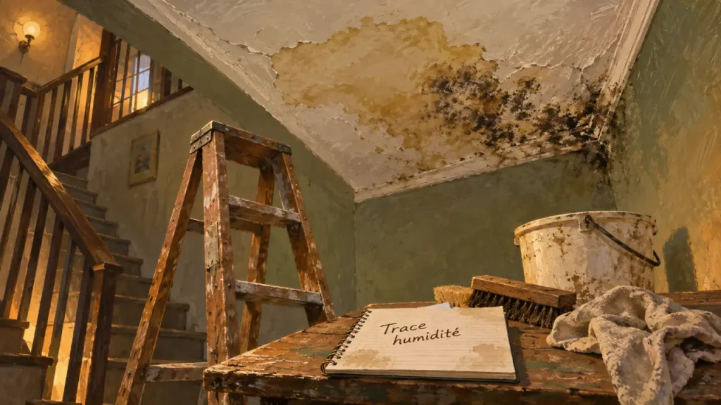 Trace humidité plafond, fissures et moisissure près jonction mur-plafond