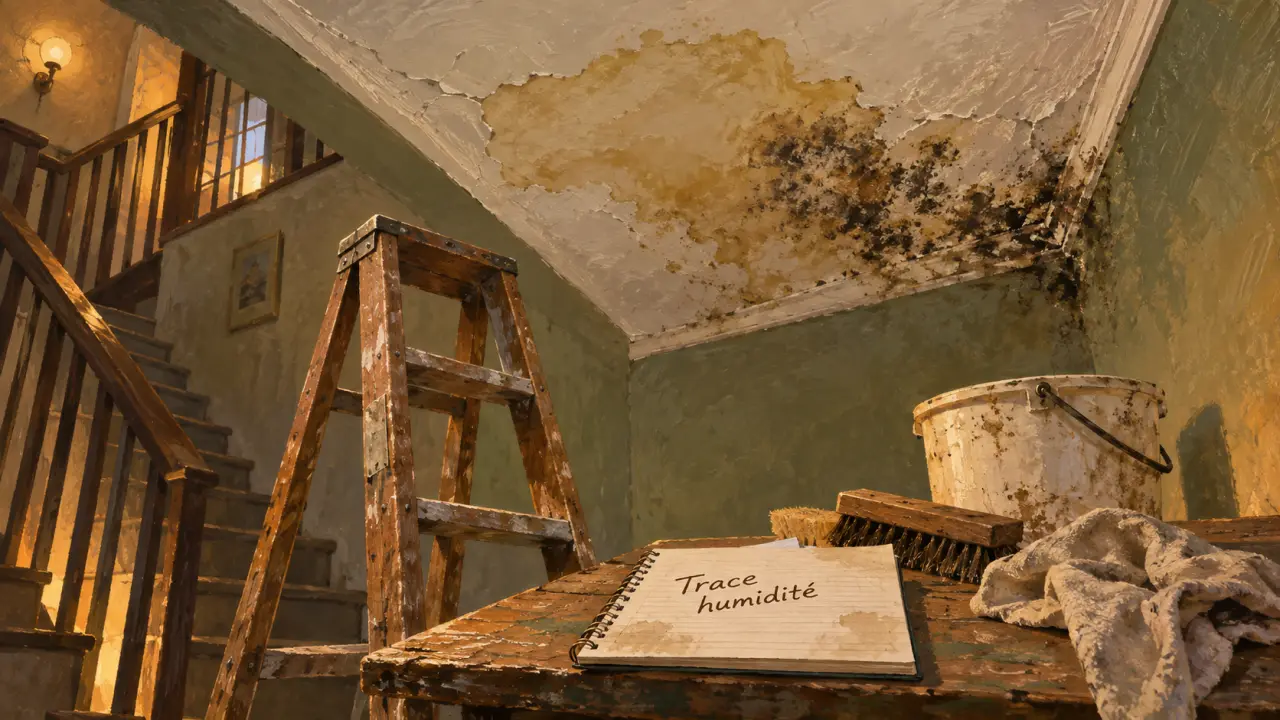 Trace humidité plafond, fissures et moisissure près jonction mur-plafond