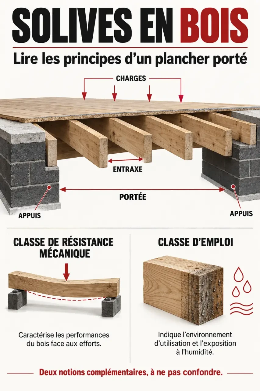 Infographie explicative sur les solives en bois, la portée, l’entraxe et les classes de résistance