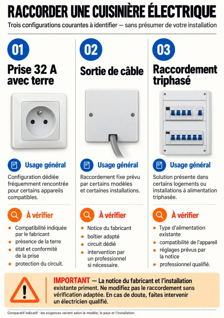 Infographie sur la prise cuisinière électrique 32 A, la sortie de câble et le raccordement triphasé