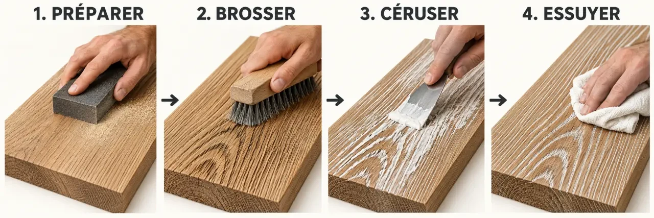 Céruser un bois : préparation, brossage, application de la céruse et essuyage du veinage