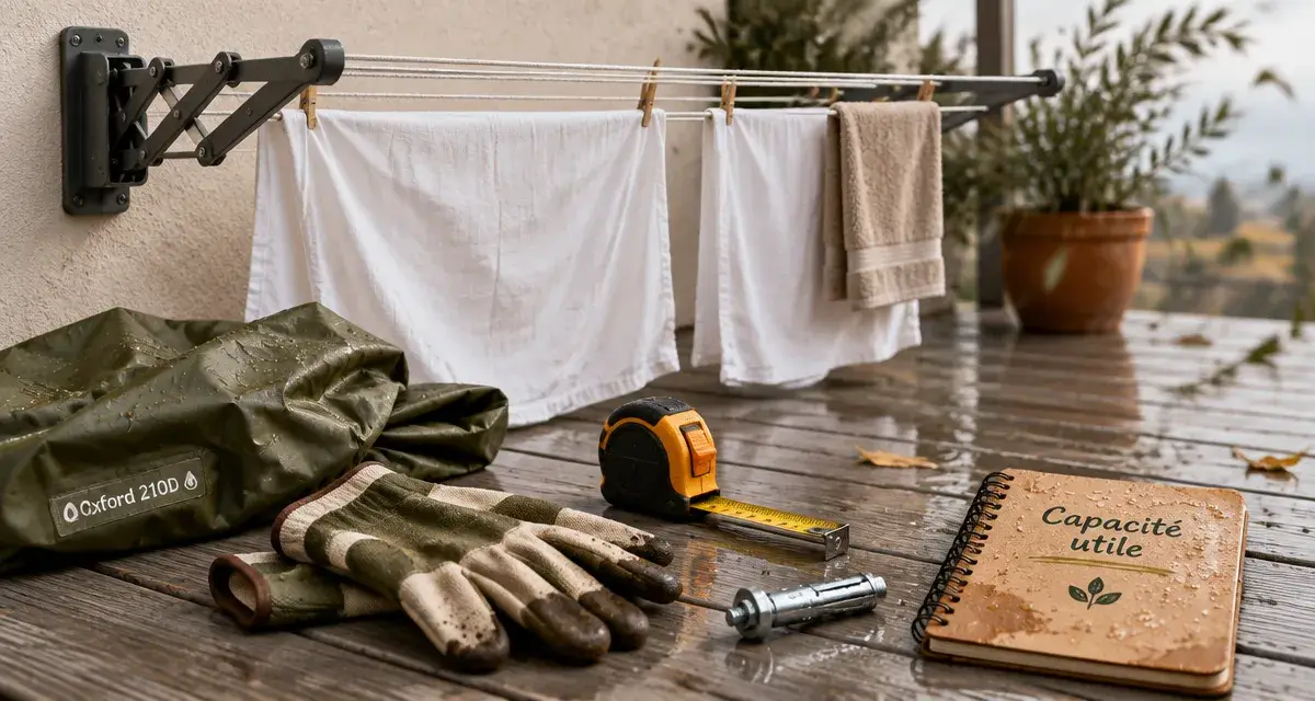 Étamduage extérieur : étendoir mural extensible sur balcon avec draps