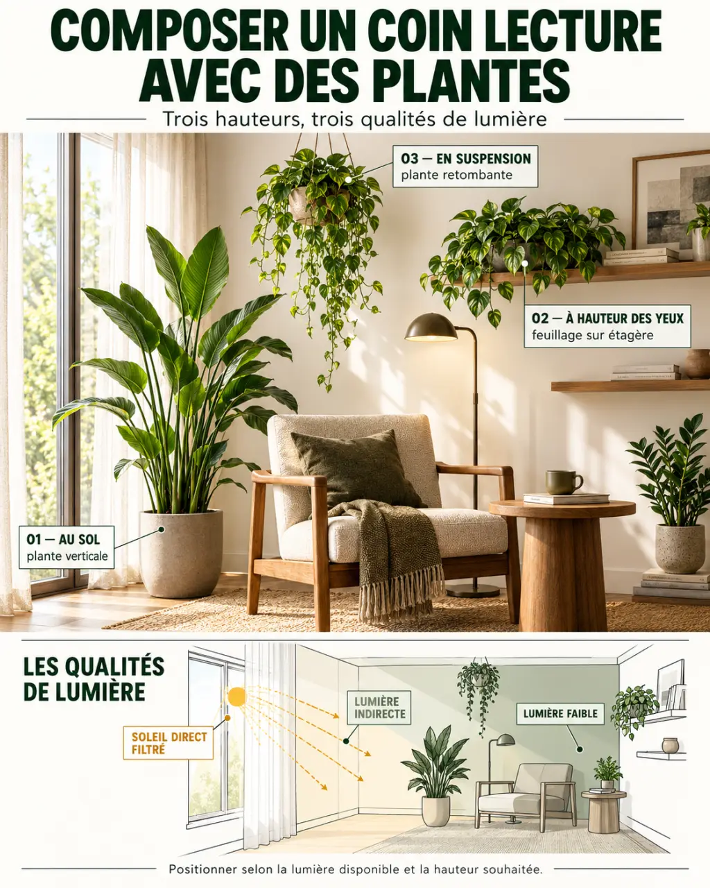 Infographie pour aménager un coin lecture cosy avec des plantes d'intérieur sur trois niveaux